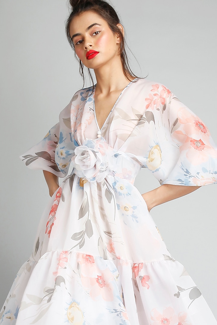 White Organza Floral Printed Maxi Party Wear Dress by Gauri And Nainika at Pernia's Pop Up Shop