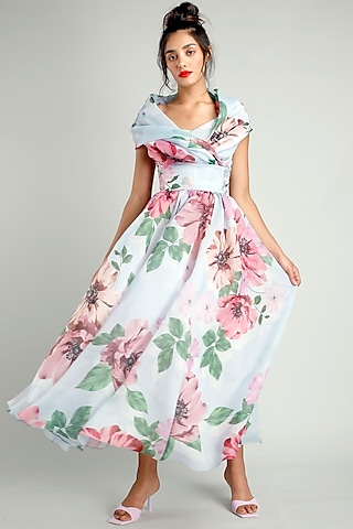 English Blue Organza Floral Printed Midi Dress by Gauri And Nainika