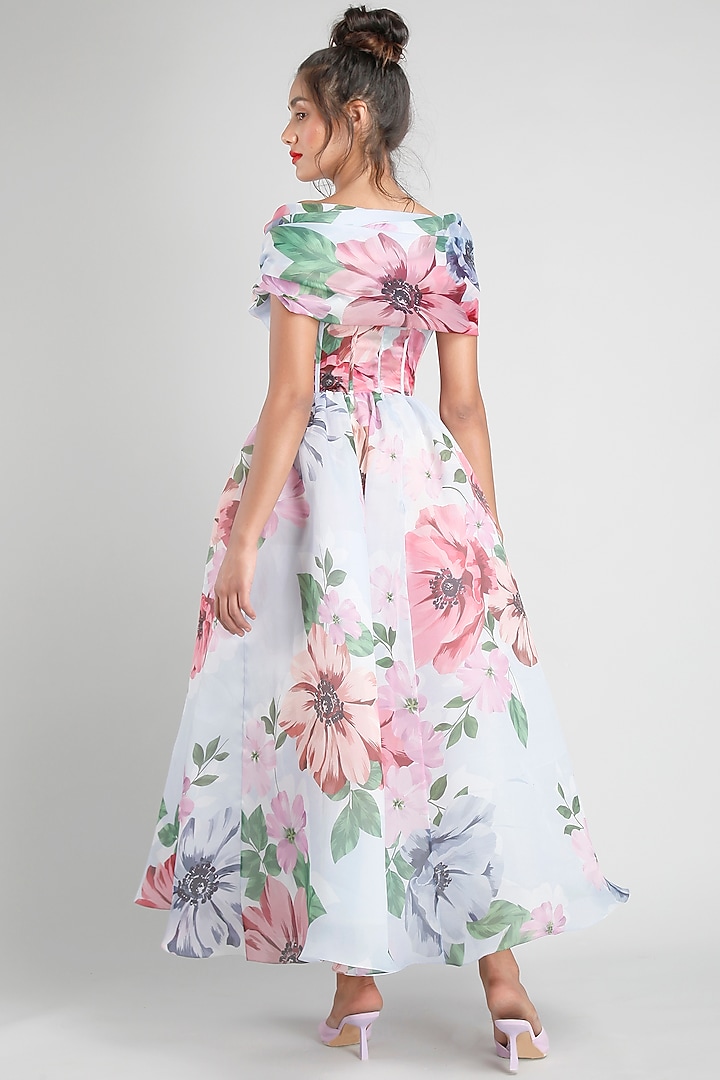 English Blue Organza Floral Printed Midi Party Wear Dress by Gauri And Nainika at Pernia's Pop Up Shop