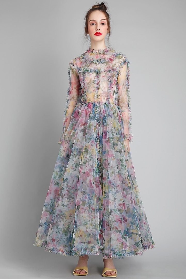 Monet-Colored Net Printed & Ruffle Embroidered Midi Party Wear Dress by Gauri And Nainika at Pernia's Pop Up Shop