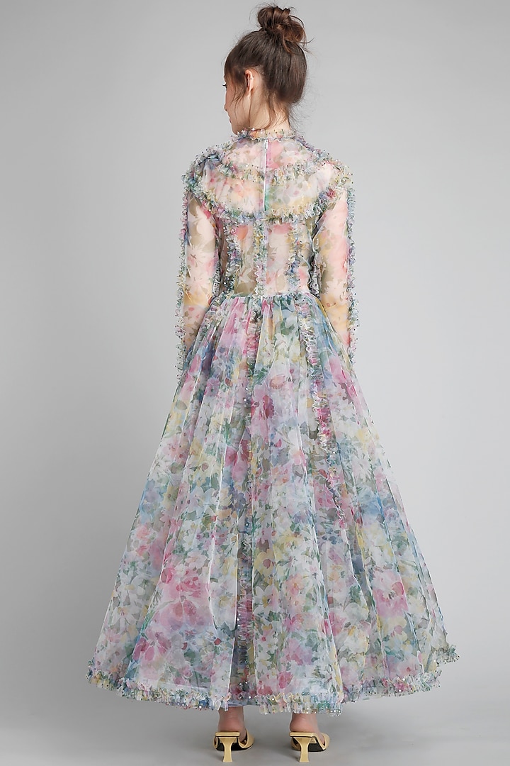 Monet-Colored Net Printed & Ruffle Embroidered Midi Party Wear Dress by Gauri And Nainika at Pernia's Pop Up Shop