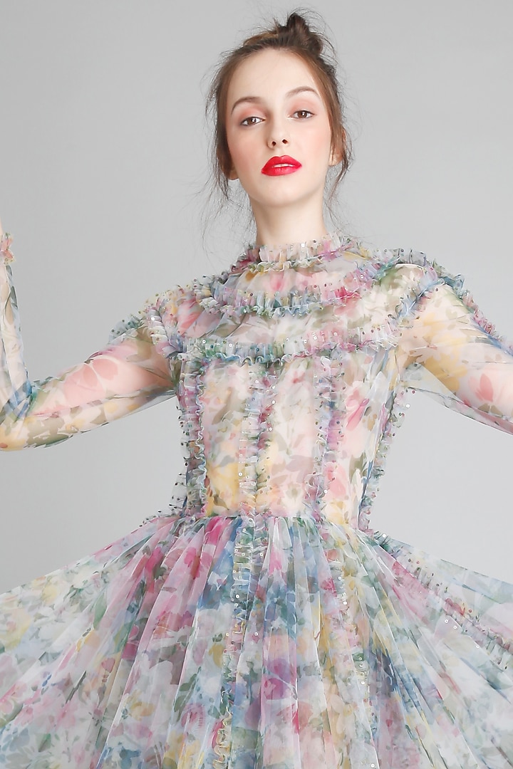 Monet-Colored Net Printed & Ruffle Embroidered Midi Party Wear Dress by Gauri And Nainika at Pernia's Pop Up Shop