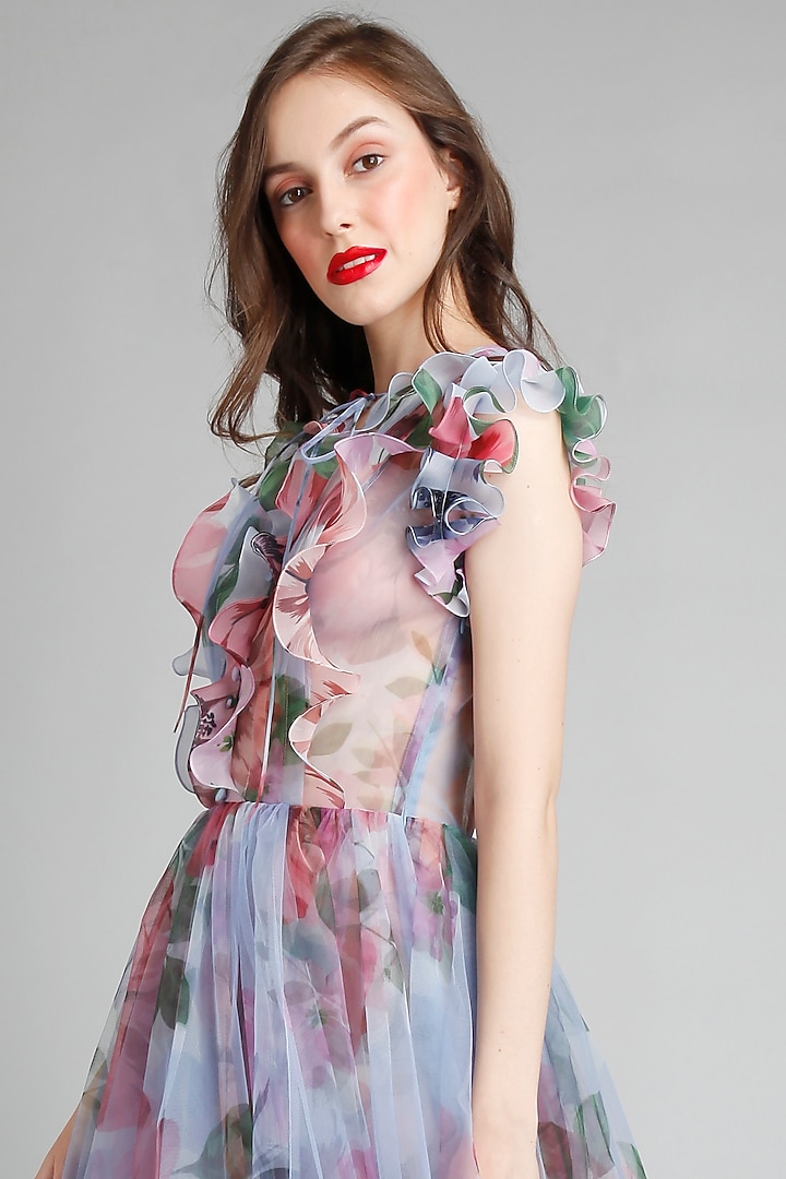 English Blue Net Floral Printed Midi Party Wear Dress by Gauri And Nainika at Pernia's Pop Up Shop