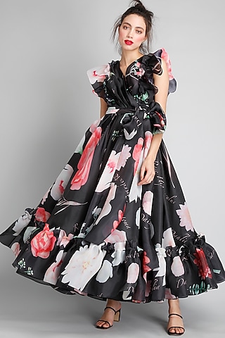 Black Organza Botanical Printed Wrap Dress by Gauri And Nainika