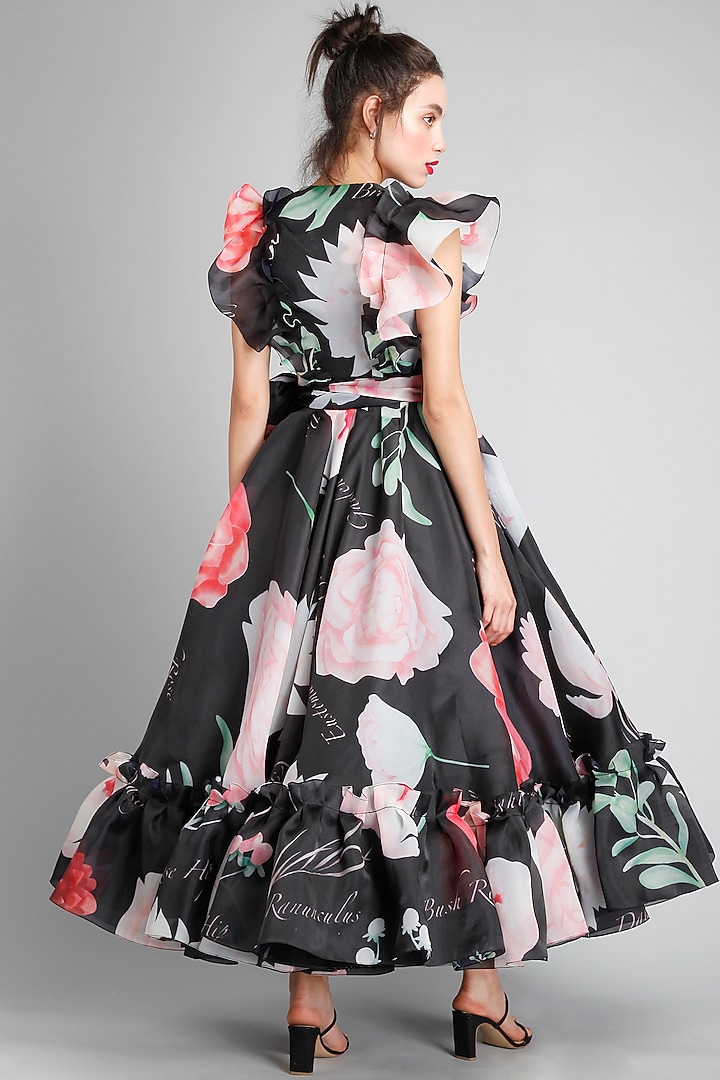 Black Organza Botanical Printed Wrap Party Wear Dress by Gauri And Nainika at Pernia's Pop Up Shop