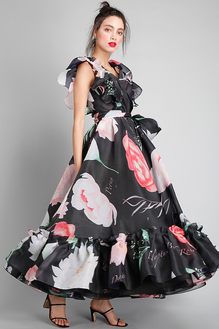 Black Organza Botanical Printed Wrap Party Wear Dress by Gauri And Nainika at Pernia's Pop Up Shop
