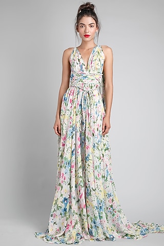 Monet Printed Gown With Belt by Gauri And Nainika