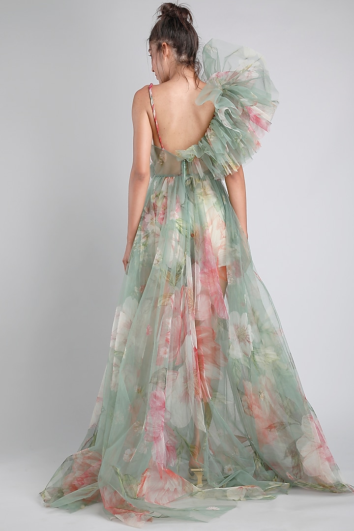 Green Floral Printed Romper by Gauri And Nainika at Pernia's Pop Up Shop