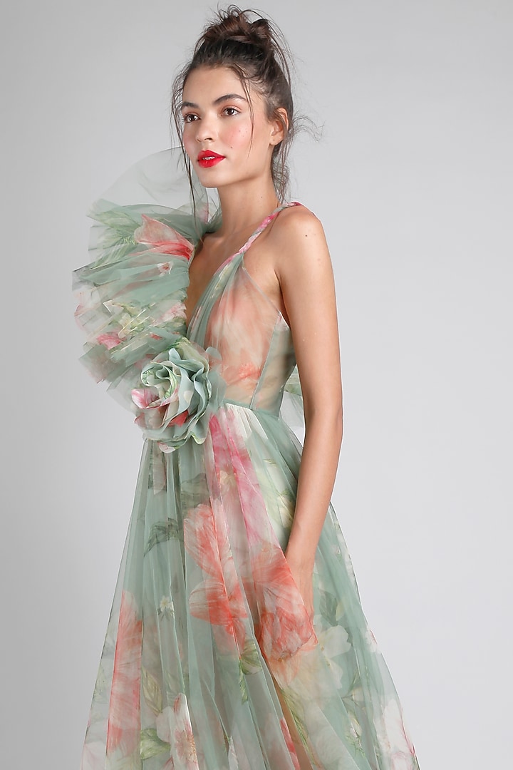 Green Floral Printed Romper by Gauri And Nainika at Pernia's Pop Up Shop