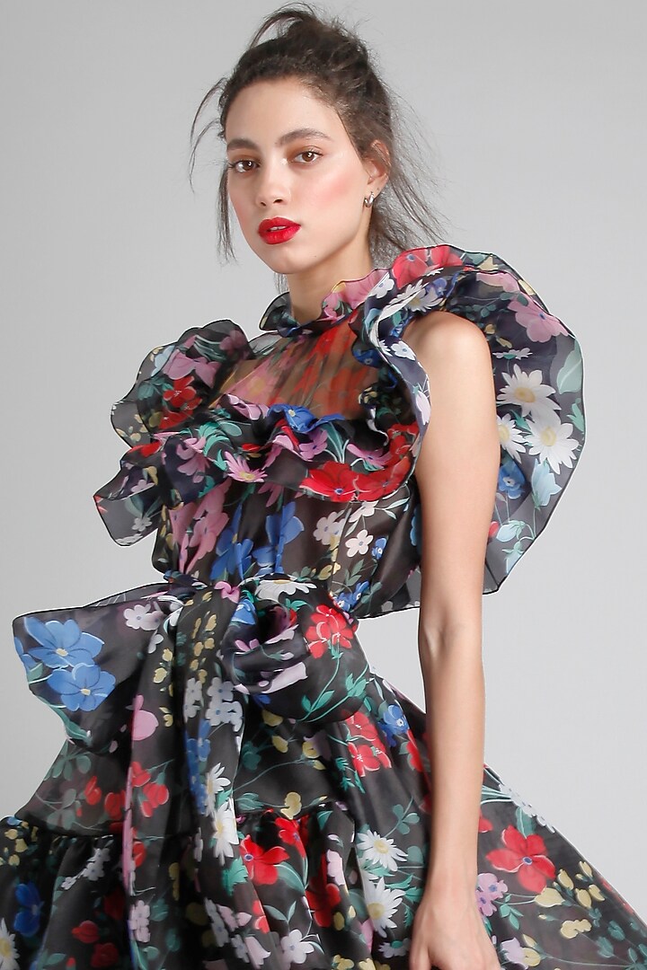 Black Organza Printed High-Low Party Wear Dress by Gauri And Nainika at Pernia's Pop Up Shop