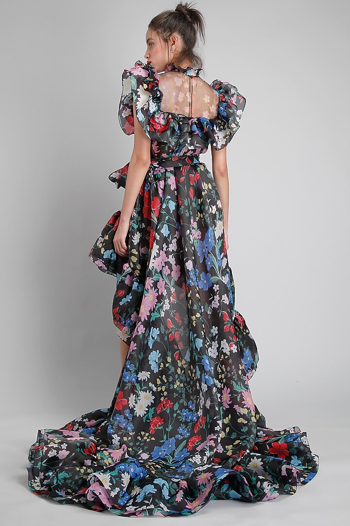 Black Organza Printed High-Low Party Wear Dress by Gauri And Nainika at Pernia's Pop Up Shop