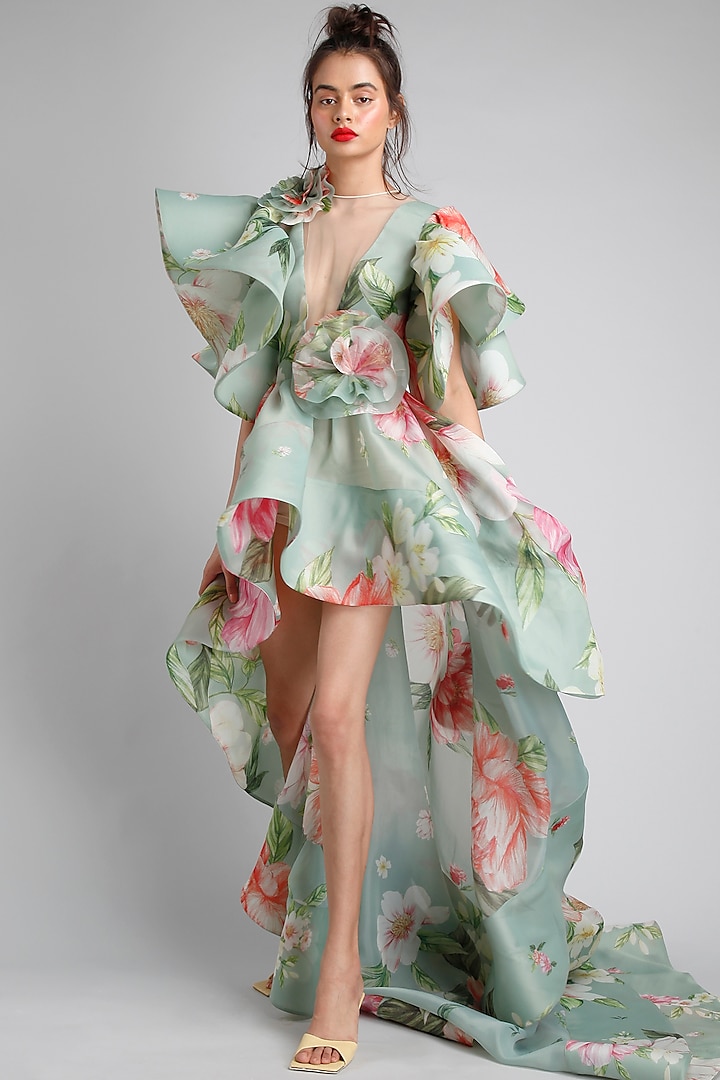 Green Organza Printed High-Low Party Wear Dress by Gauri And Nainika at Pernia's Pop Up Shop