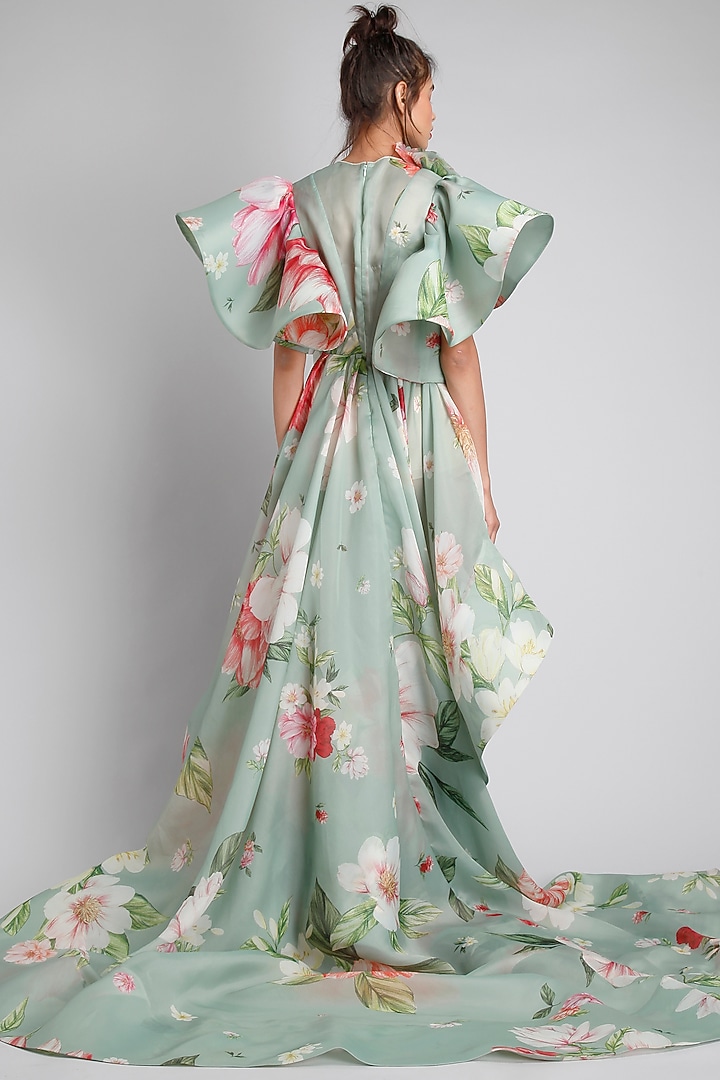 Green Organza Printed High-Low Party Wear Dress by Gauri And Nainika at Pernia's Pop Up Shop