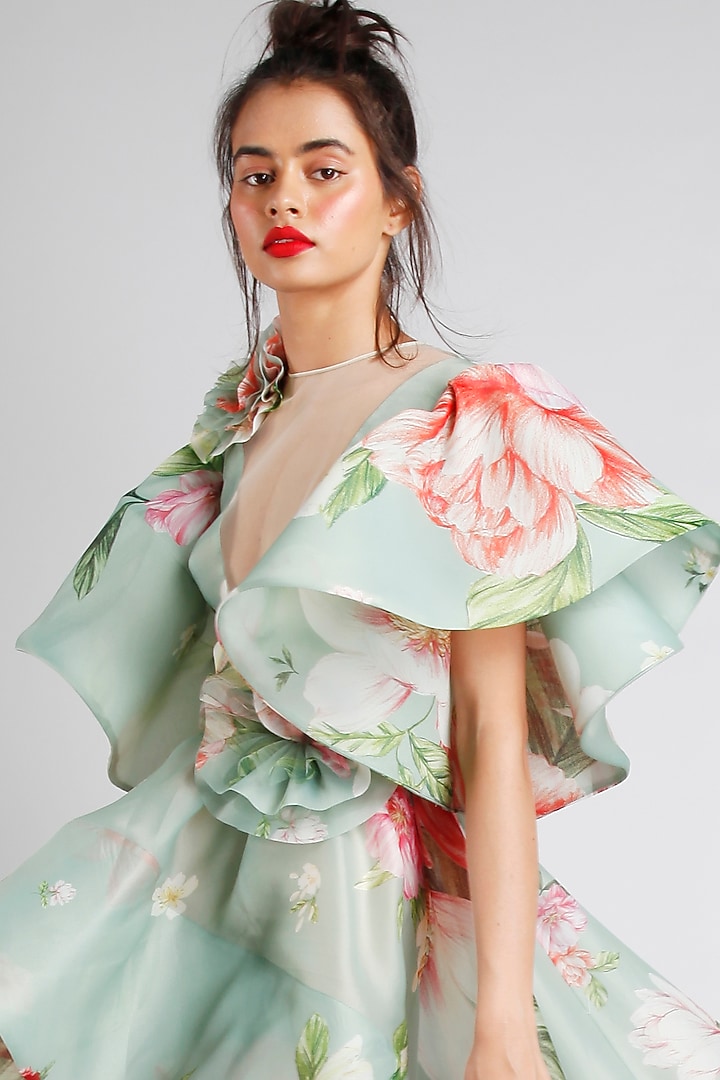 Green Organza Printed High-Low Party Wear Dress by Gauri And Nainika at Pernia's Pop Up Shop