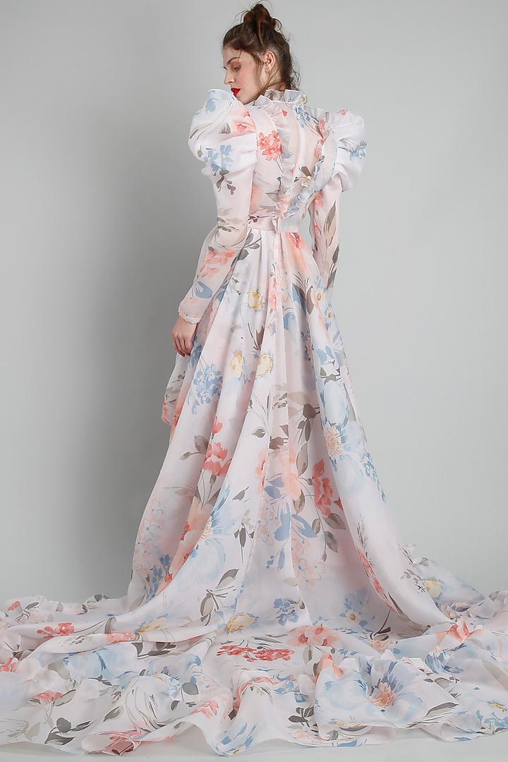 White Organza Floral Printed High-Low Party Wear Dress by Gauri And Nainika at Pernia's Pop Up Shop