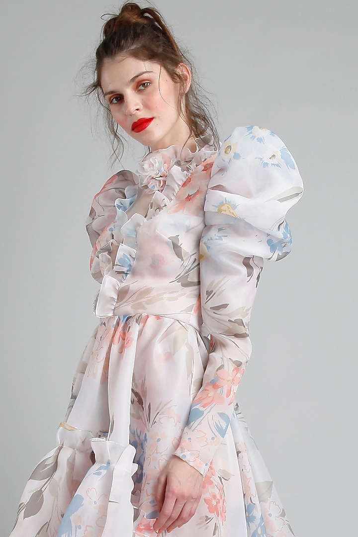 White Organza Floral Printed High-Low Party Wear Dress by Gauri And Nainika at Pernia's Pop Up Shop