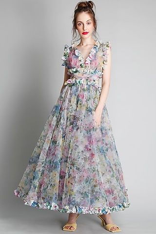 Monet-Colored Net Printed Frilled Maxi Dress by Gauri And Nainika