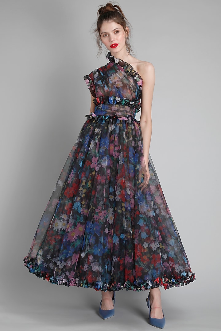 Black Net Printed One-Shoulder Party Wear Dress by Gauri And Nainika at Pernia's Pop Up Shop