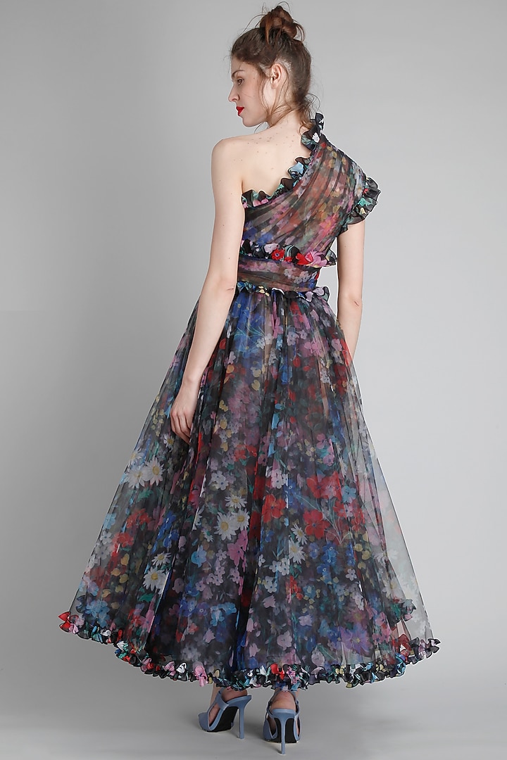 Black Net Printed One-Shoulder Party Wear Dress by Gauri And Nainika at Pernia's Pop Up Shop