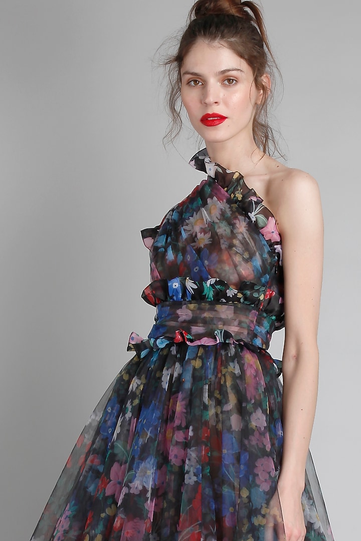 Black Net Printed One-Shoulder Party Wear Dress by Gauri And Nainika at Pernia's Pop Up Shop
