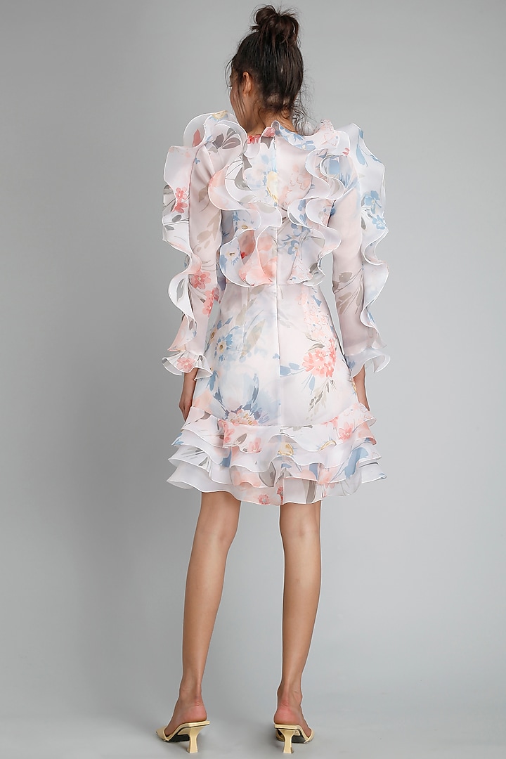 White Organza Printed Ruffled Mini Party Wear Dress by Gauri And Nainika at Pernia's Pop Up Shop