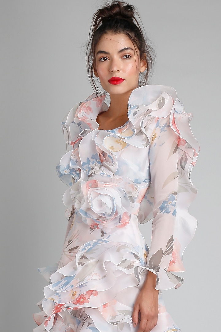 White Organza Printed Ruffled Mini Party Wear Dress by Gauri And Nainika at Pernia's Pop Up Shop