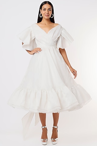 White Organza Midi Dress by Gauri and Nainika