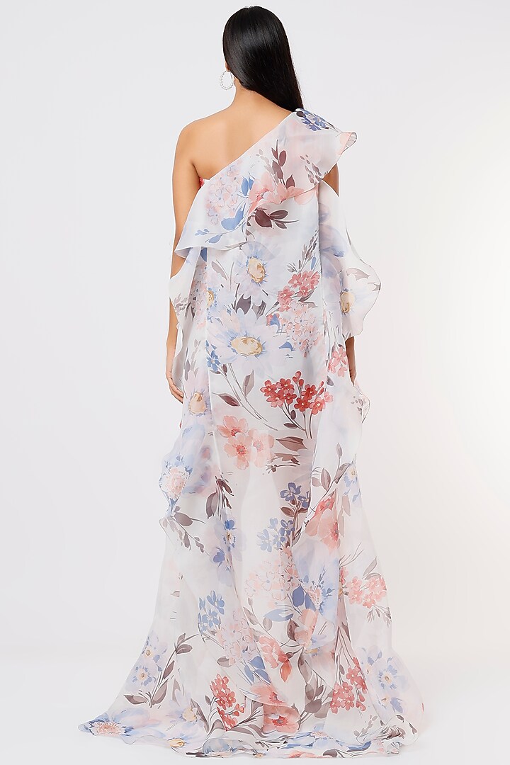 White Organza Floral Printed High-Low Party Wear Dress by Gauri and Nainika at Pernia's Pop Up Shop