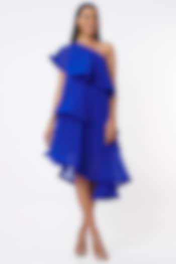 Cobalt Blue Crepe Tiered Dress by Gauri and Nainika
