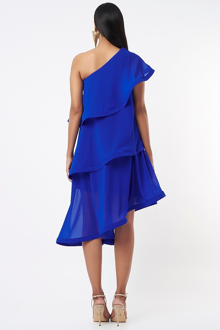 Cobalt Blue Micro Crepe One-Shoulder Tiered Cocktail Dress by Gauri and Nainika at Pernia's Pop Up Shop