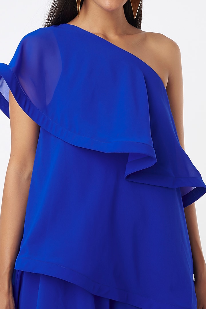 Cobalt Blue Micro Crepe One-Shoulder Tiered Cocktail Dress by Gauri and Nainika at Pernia's Pop Up Shop