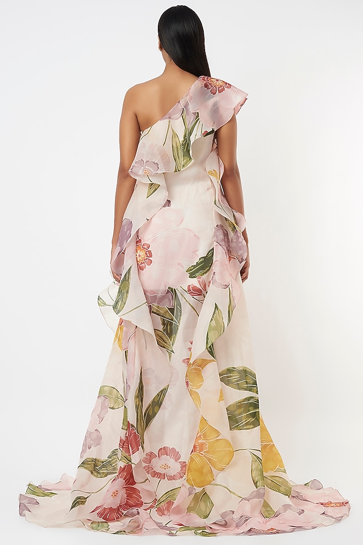 Blush Pink Organza Floral Printed One-Shoulder High-Low Party Wear Dress by Gauri and Nainika at Pernia's Pop Up Shop