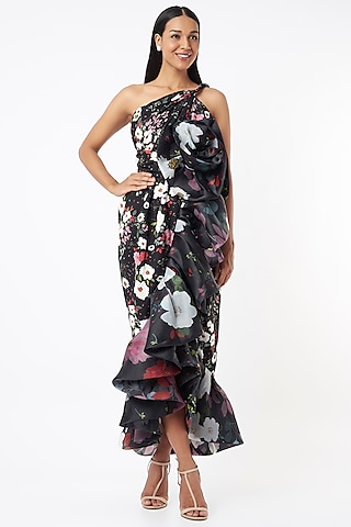 Black Organza Floral Printed One-Shoulder Dress by Gauri and Nainika