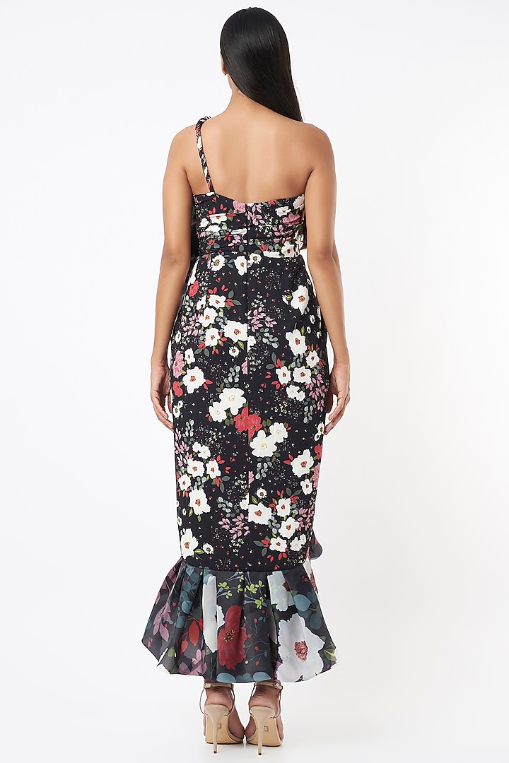 Black Organza Floral Printed One-Shoulder Party Wear Dress by Gauri and Nainika at Pernia's Pop Up Shop