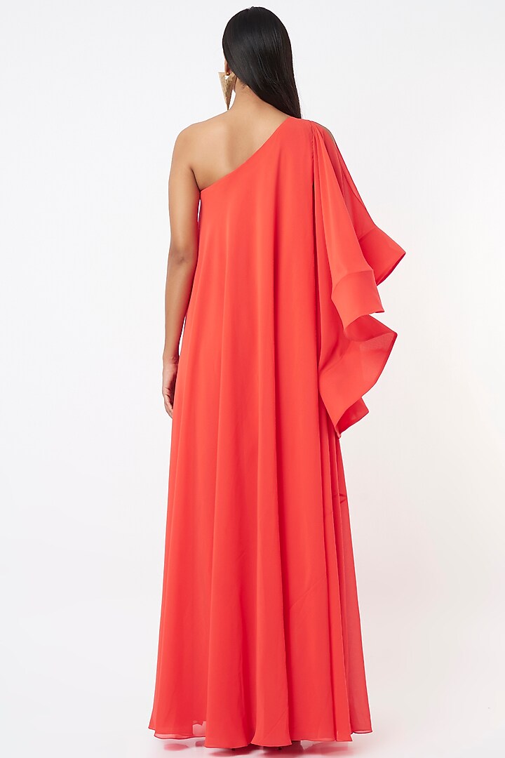 Orange Crepe One Shoulder Gown by Gauri and Nainika at Pernia's Pop Up Shop