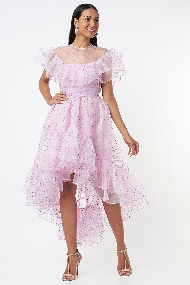 Mauve Organza Ruffled Dress by Gauri and Nainika