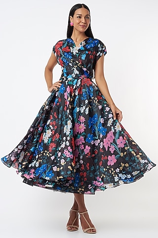 Black Organza Floral Printed Pleated Wrapped Dress by Gauri and Nainika