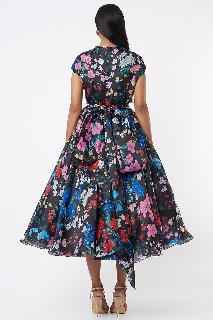 Black Organza Floral Printed Pleated Wrapped Party Wear Dress by Gauri and Nainika at Pernia's Pop Up Shop