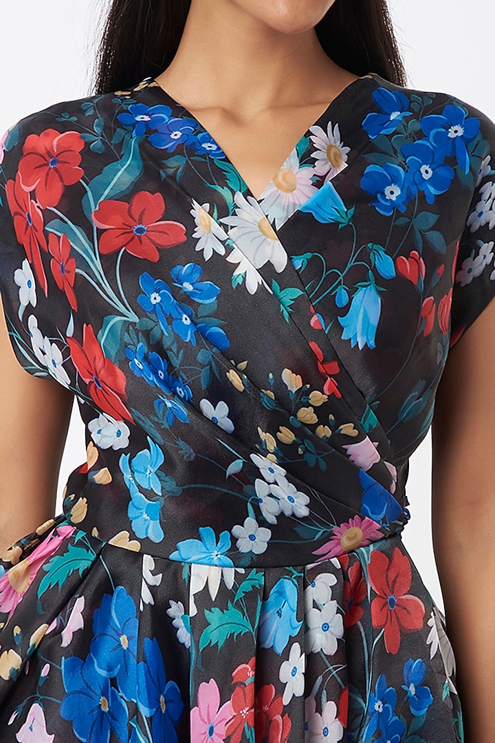 Black Organza Floral Printed Pleated Wrapped Party Wear Dress by Gauri and Nainika at Pernia's Pop Up Shop