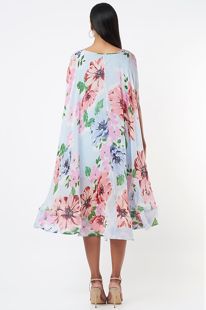 Powder Blue Organza Floral Printed High-Low Cape Party Wear Dress by Gauri and Nainika at Pernia's Pop Up Shop
