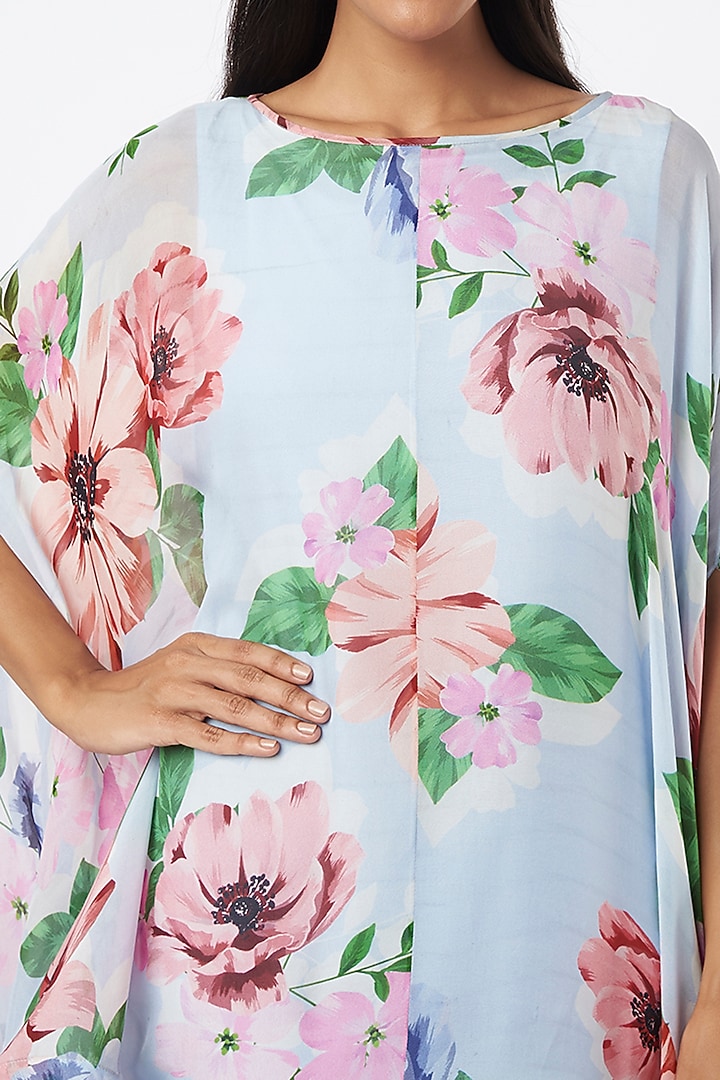 Powder Blue Organza Floral Printed High-Low Cape Party Wear Dress by Gauri and Nainika at Pernia's Pop Up Shop