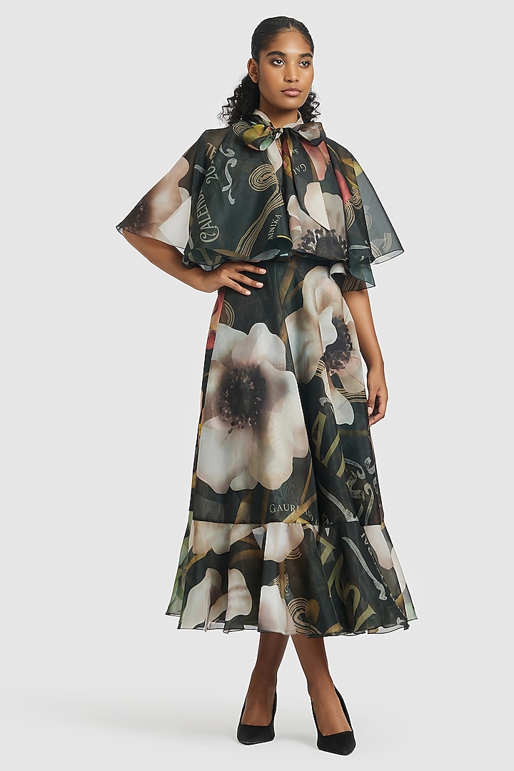 Black Organza Printed Midi Dress by Gauri and Nainika at Pernia's Pop Up Shop