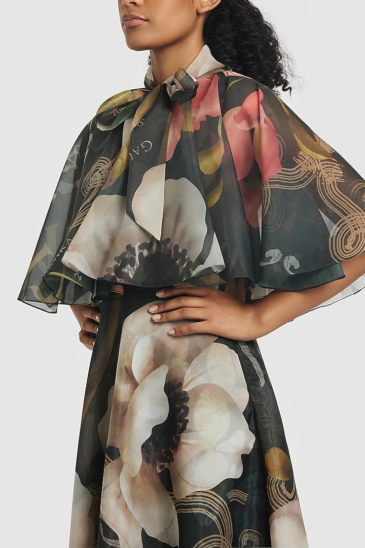 Black Organza Printed Midi Party Wear Dress by Gauri and Nainika at Pernia's Pop Up Shop