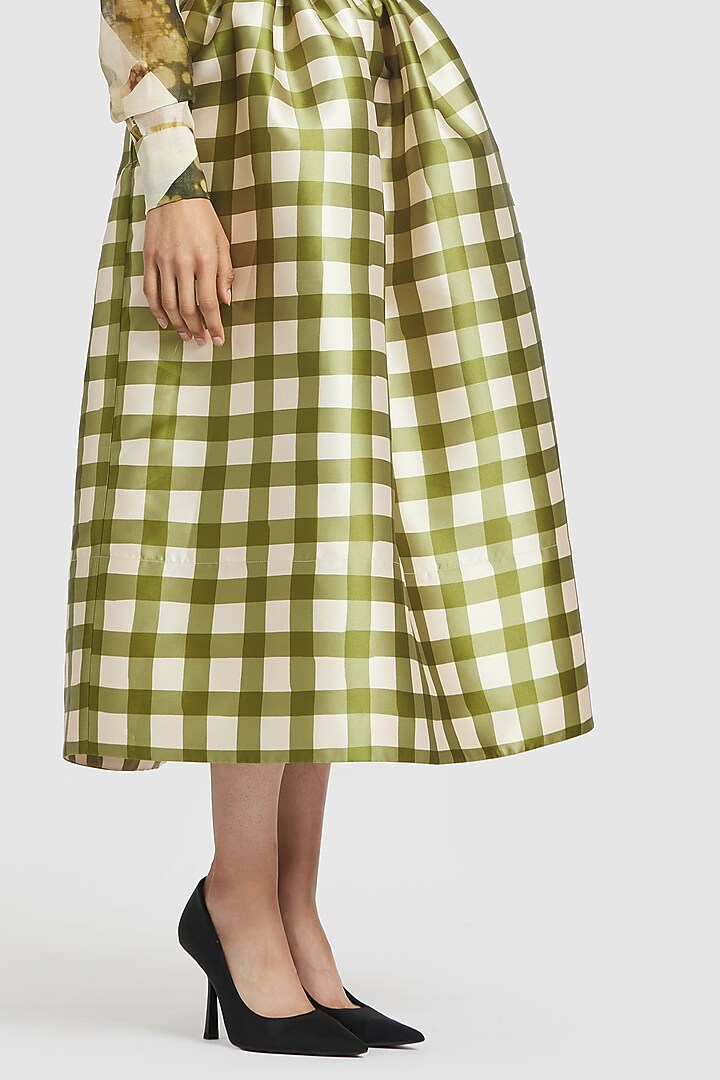 Green & White Mikado Printed Midi Skirt by Gauri and Nainika at Pernia's Pop Up Shop