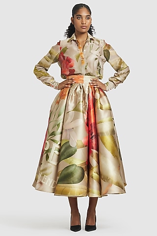 Brown Mikado Printed Gathered Midi Skirt by Gauri and Nainika