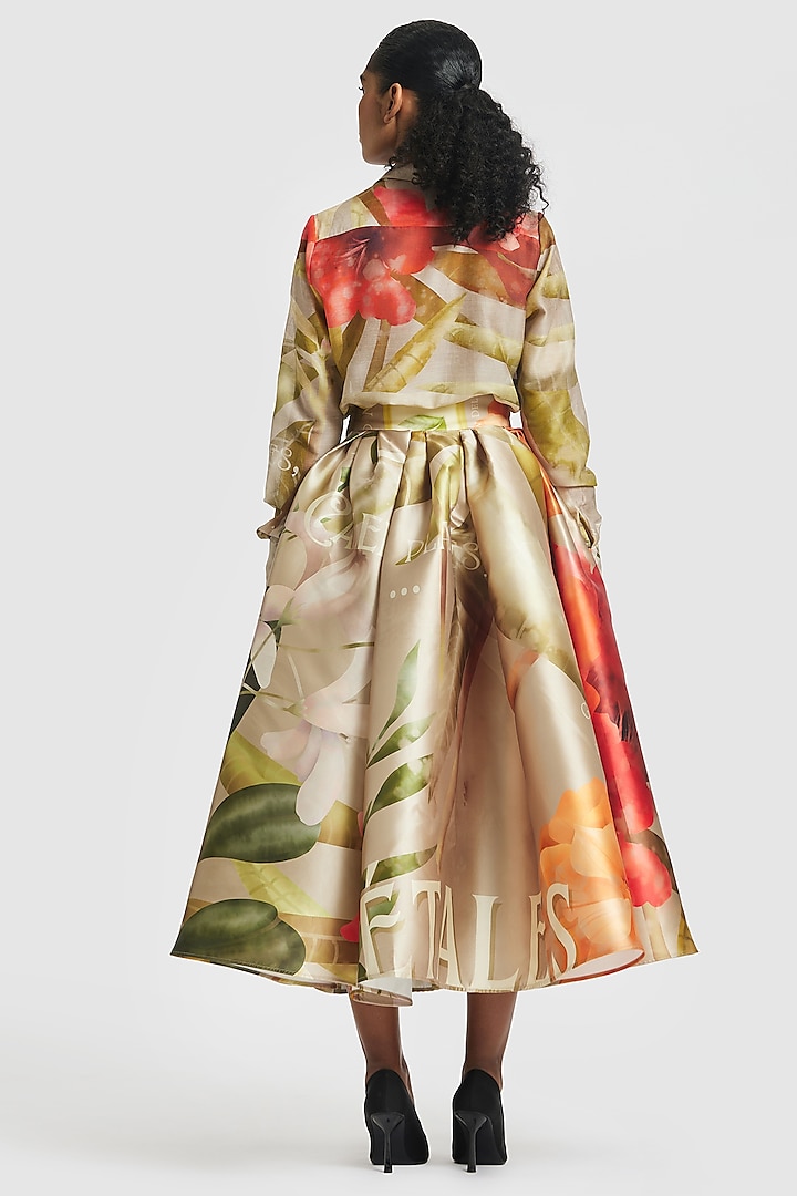 Brown Mikado Printed Gathered Midi Skirt by Gauri and Nainika at Pernia's Pop Up Shop