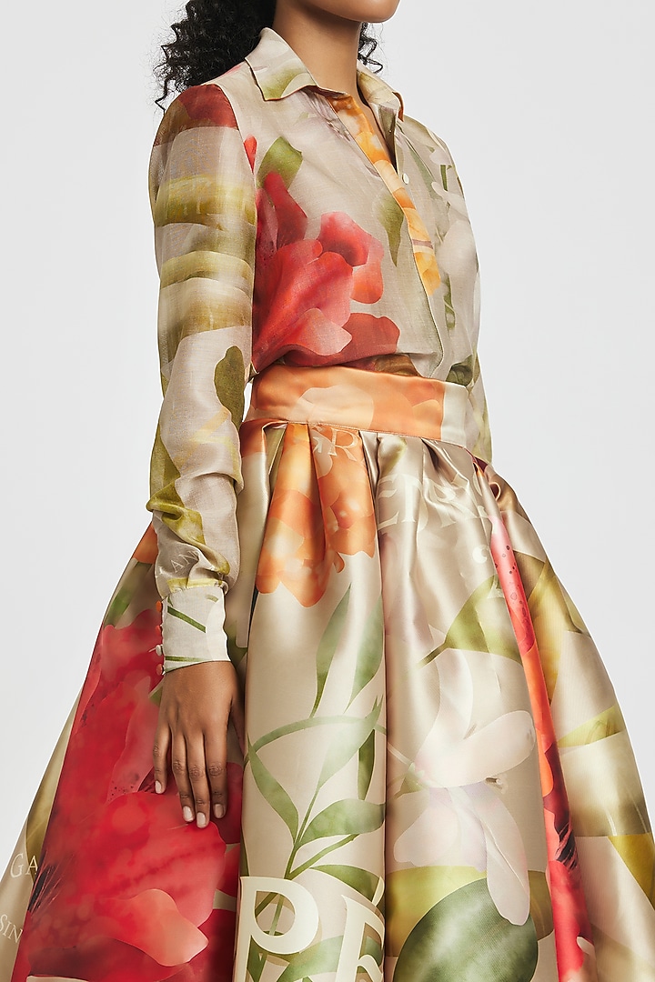 Brown Mikado Printed Gathered Midi Skirt by Gauri and Nainika at Pernia's Pop Up Shop