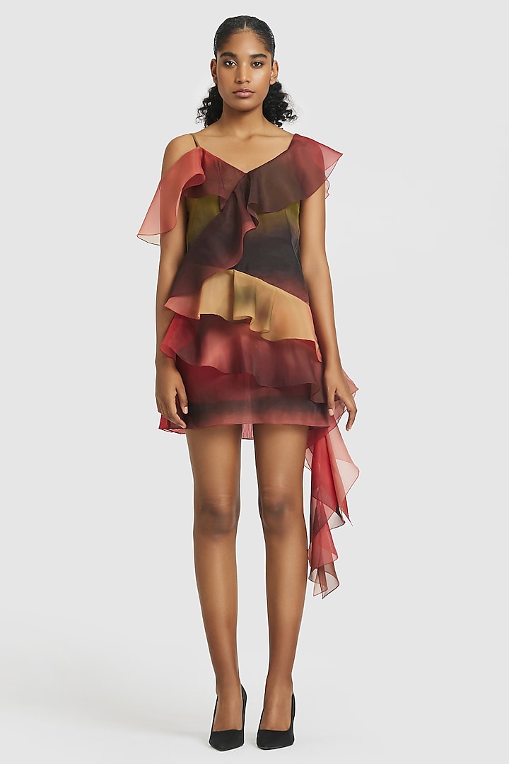 Red & Green Organza Ruffled Shift Mini Dress by Gauri and Nainika at Pernia's Pop Up Shop