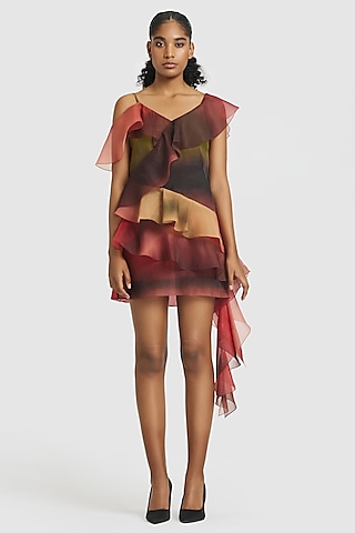 Red & Green Organza Ruffled Shift Mini Dress by Gauri and Nainika