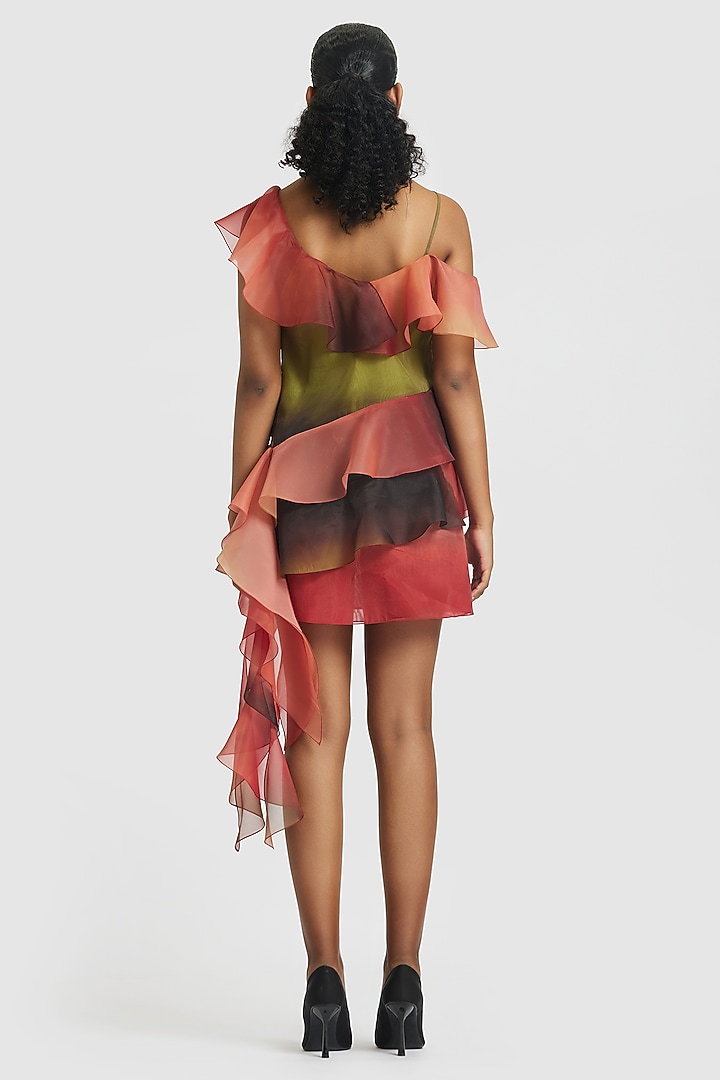 Red & Green Organza Ruffled Shift Mini Cocktail Dress by Gauri and Nainika at Pernia's Pop Up Shop